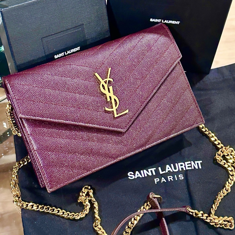 YSL Grain De Poudre Matelasse Chevron Monogram Envelope Wallet on Chain Amaranto